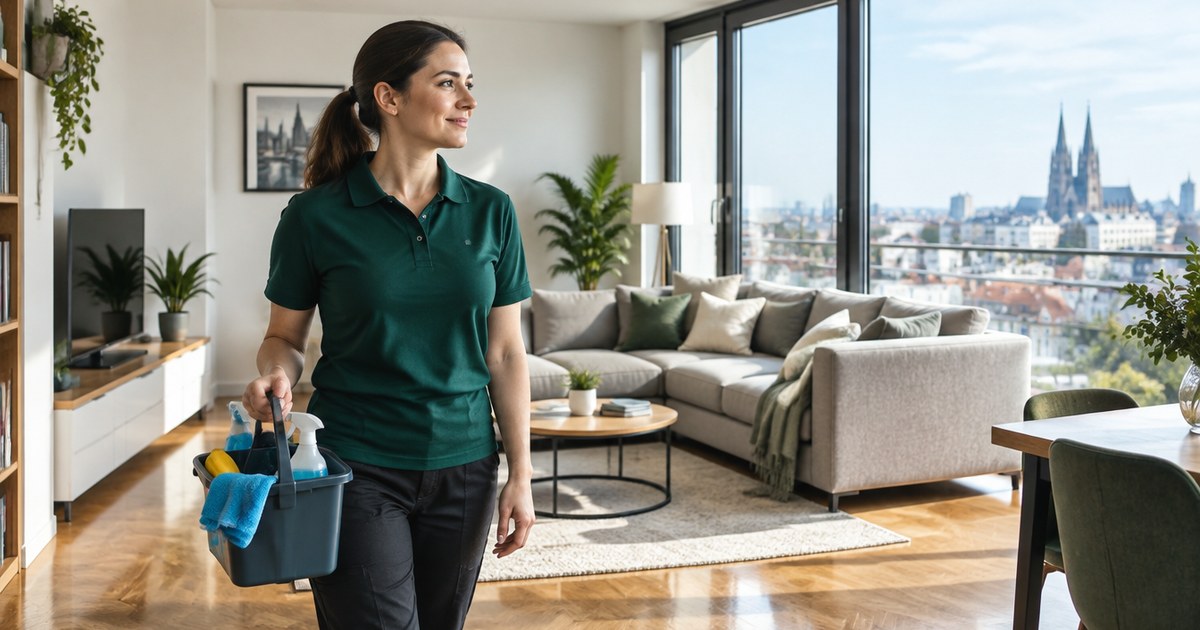 Professional cleaner in a green polo finishing a bright, freshly cleaned Zagreb flat.