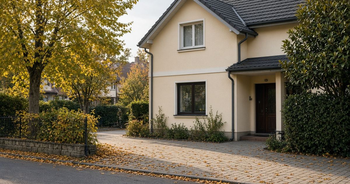 Pročelje hrvatske kuće u jesenskom dnevnom svjetlu, oluci i krovište u Zagrebu