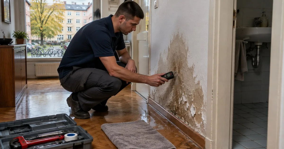 Vodoinstalater vlagomjerom mjeri mokru mrlju na zidu uz kupaonicu