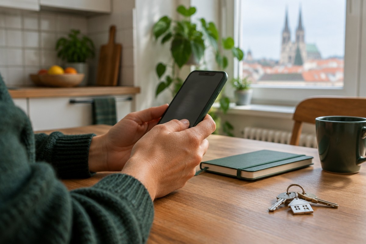 Person at a kitchen table holding a phone while looking for a local tradesman.