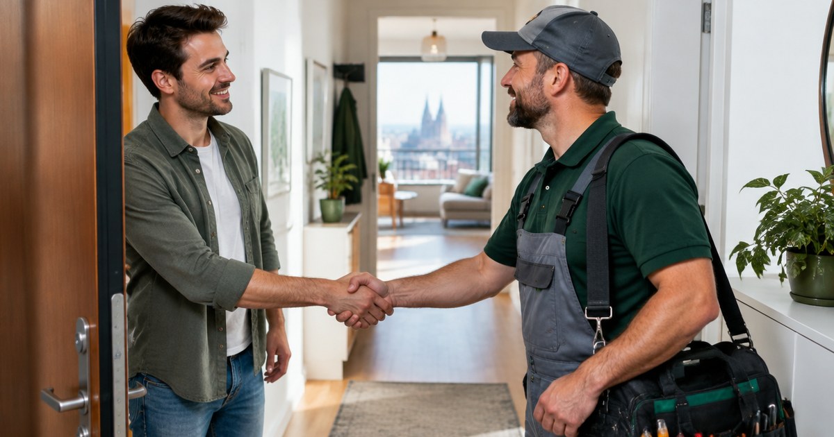 Homeowner in a Zagreb flat greeting a tradesman with tools at the door.