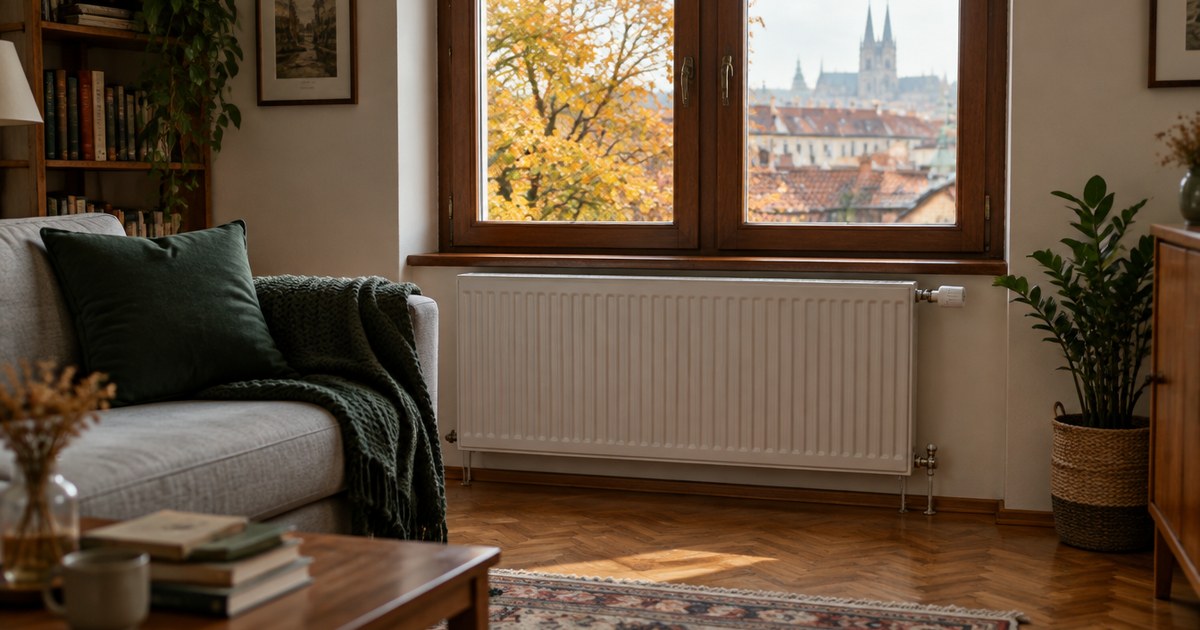 Bijeli radijator ispod prozora u dnevnom boravku stana u Zagrebu