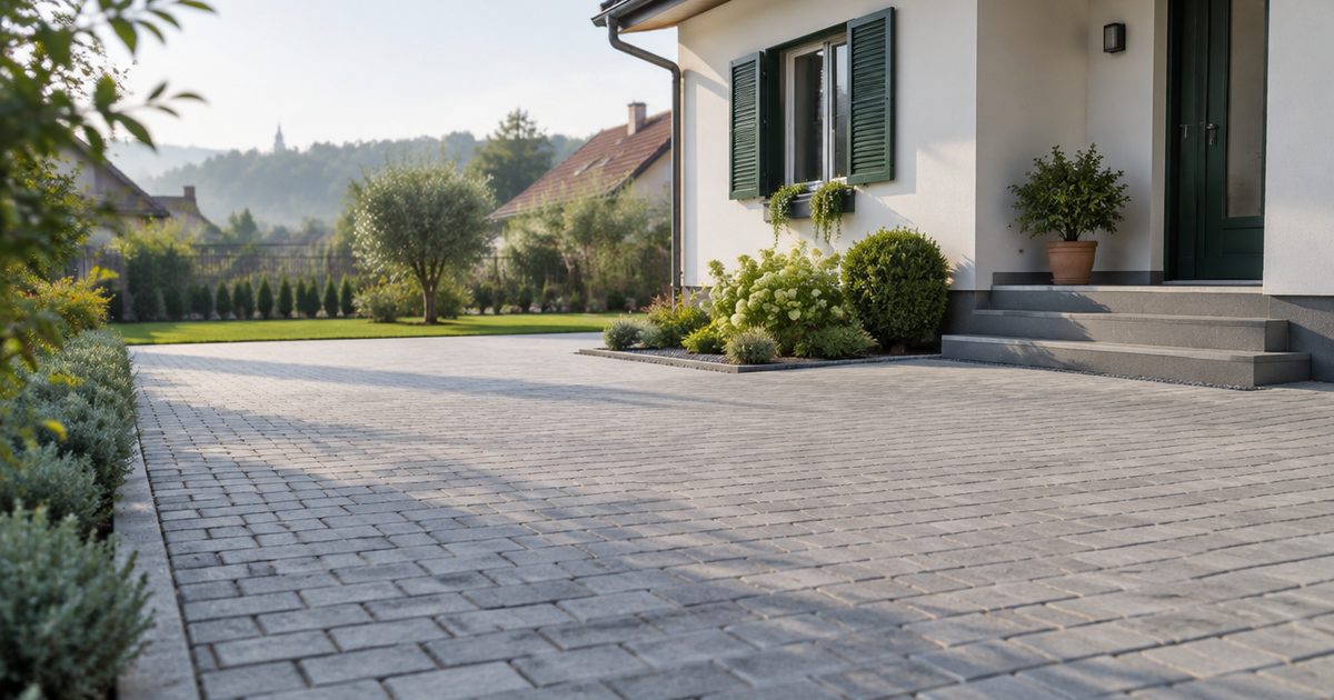 Behaton-paved courtyard at a suburban Zagreb house