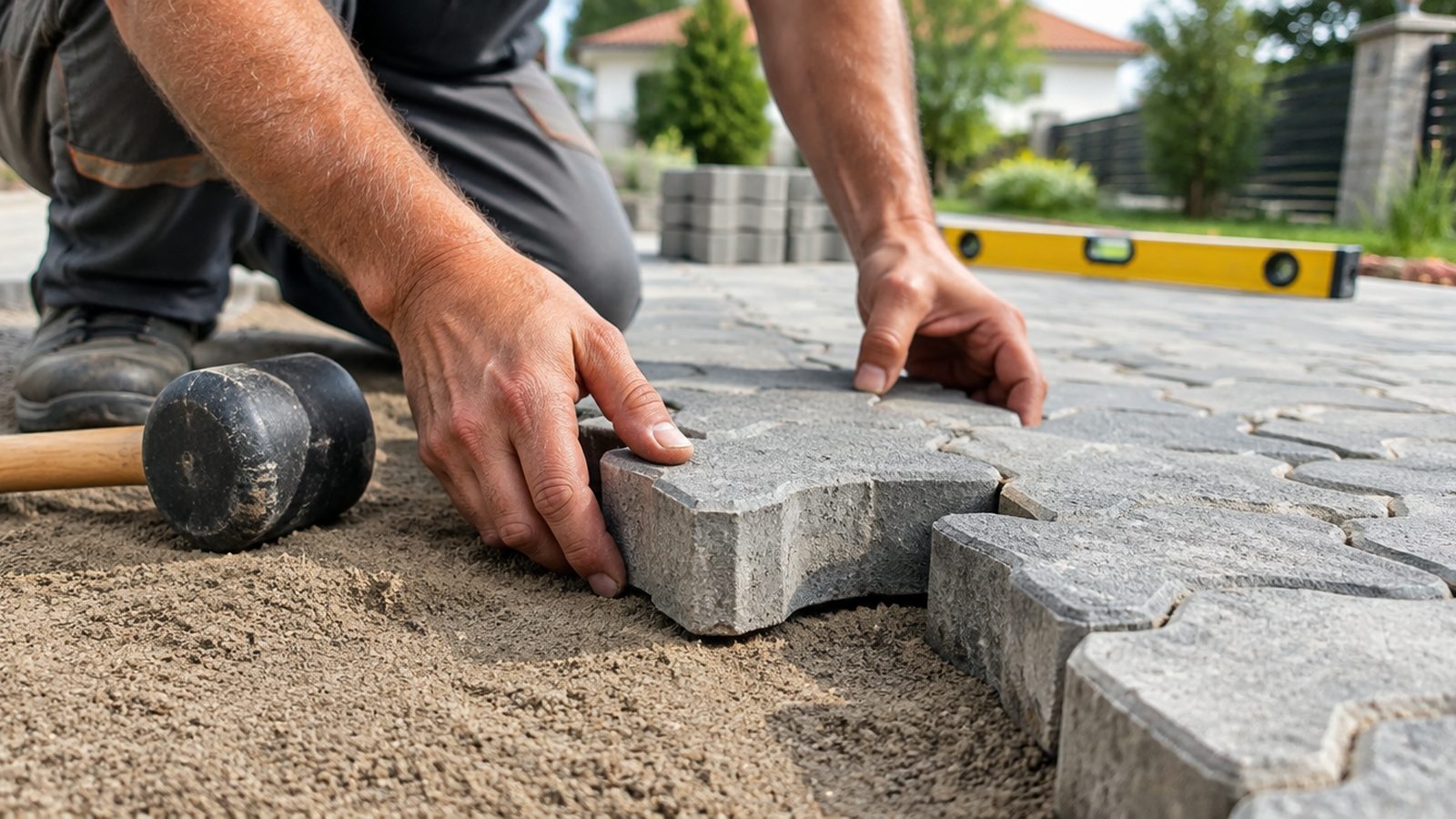 Craftsman hands laying concrete pavers on a sand bed
