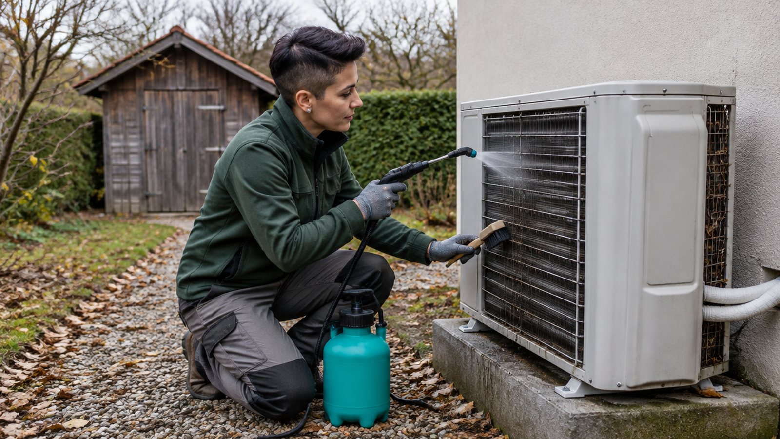 Serviserka ispire lamele vanjske jedinice klime u dvorištu kuće