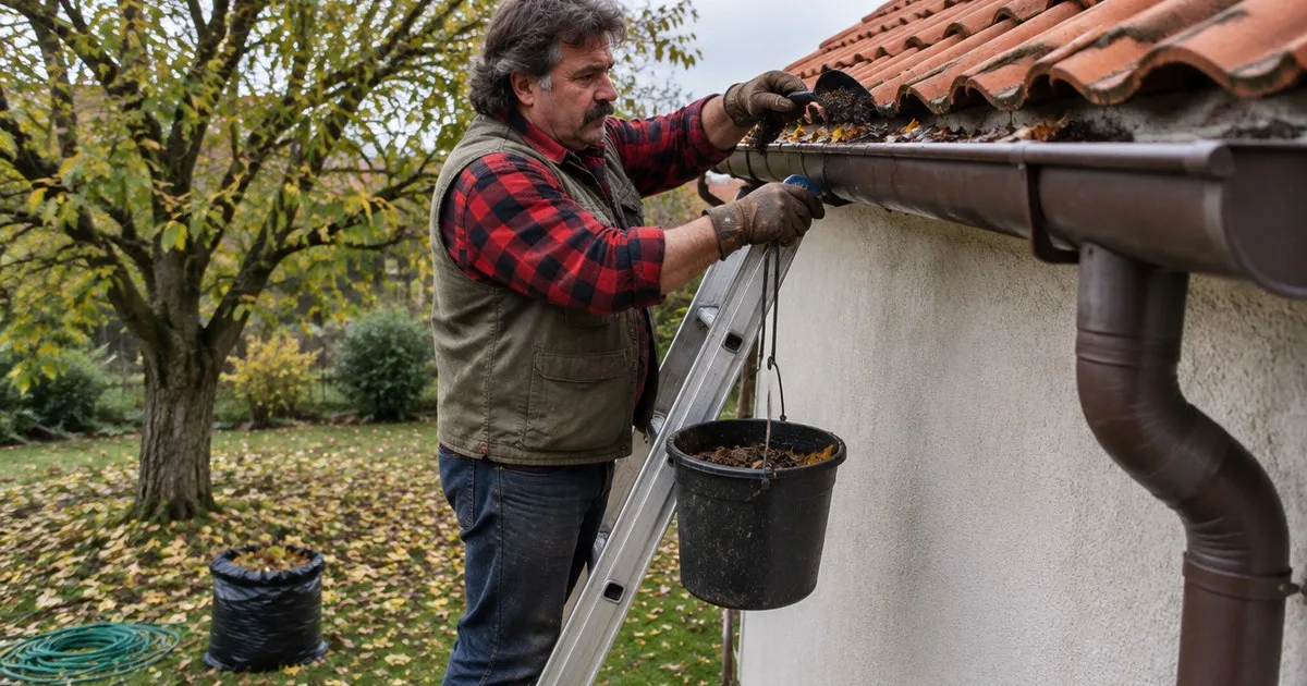 Majstor s ljestava vadi mokro lišće iz oluka u kantu