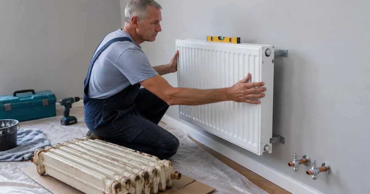 Installer hanging a new panel radiator next to the old one