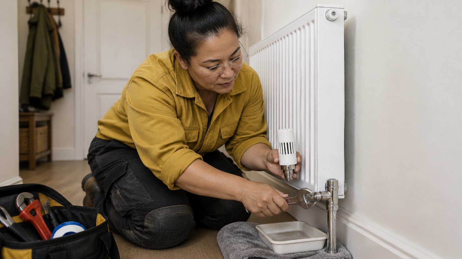Plumber tightening a radiator valve while holding a thermostatic head