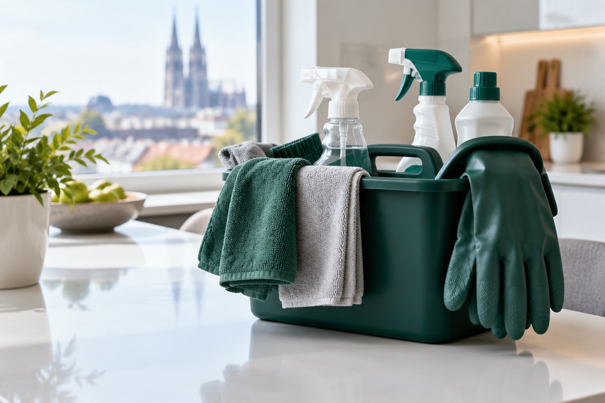 Pribor za čišćenje na kuhinjskom pultu u svijetlom stanu — caddy, krpe i rukavice.