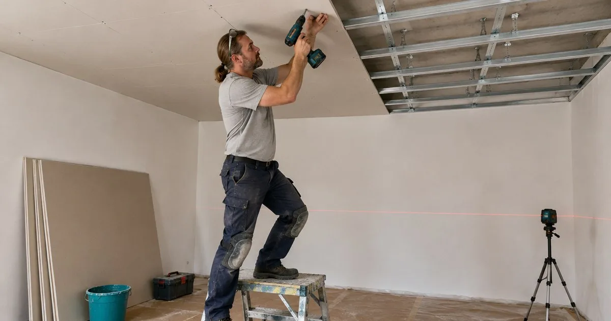 Installer screwing a plasterboard sheet to a metal ceiling frame