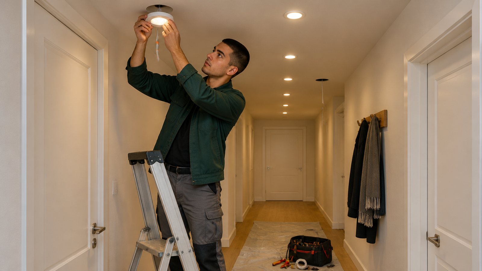 Electrician fitting an LED spotlight into a new hallway ceiling