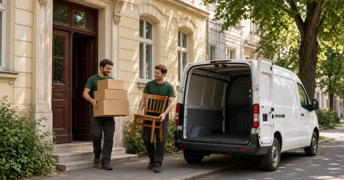 Movers carrying boxes from a Zagreb building to a van