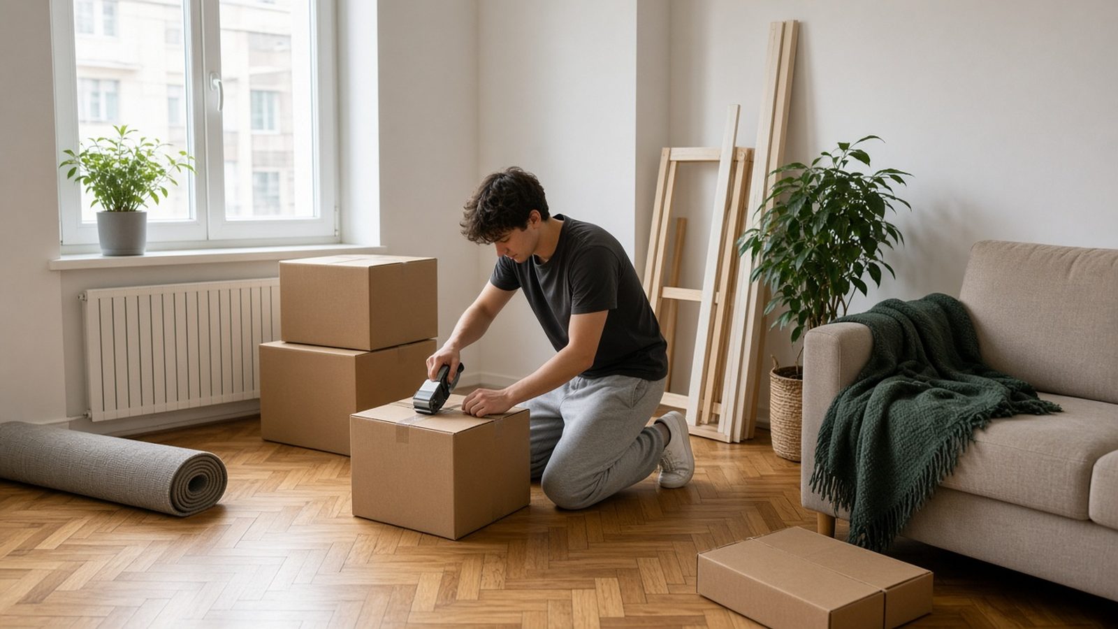Packing boxes in a small studio flat before a move