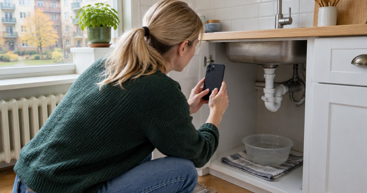 Woman photographing a leak under the kitchen sink with her phone