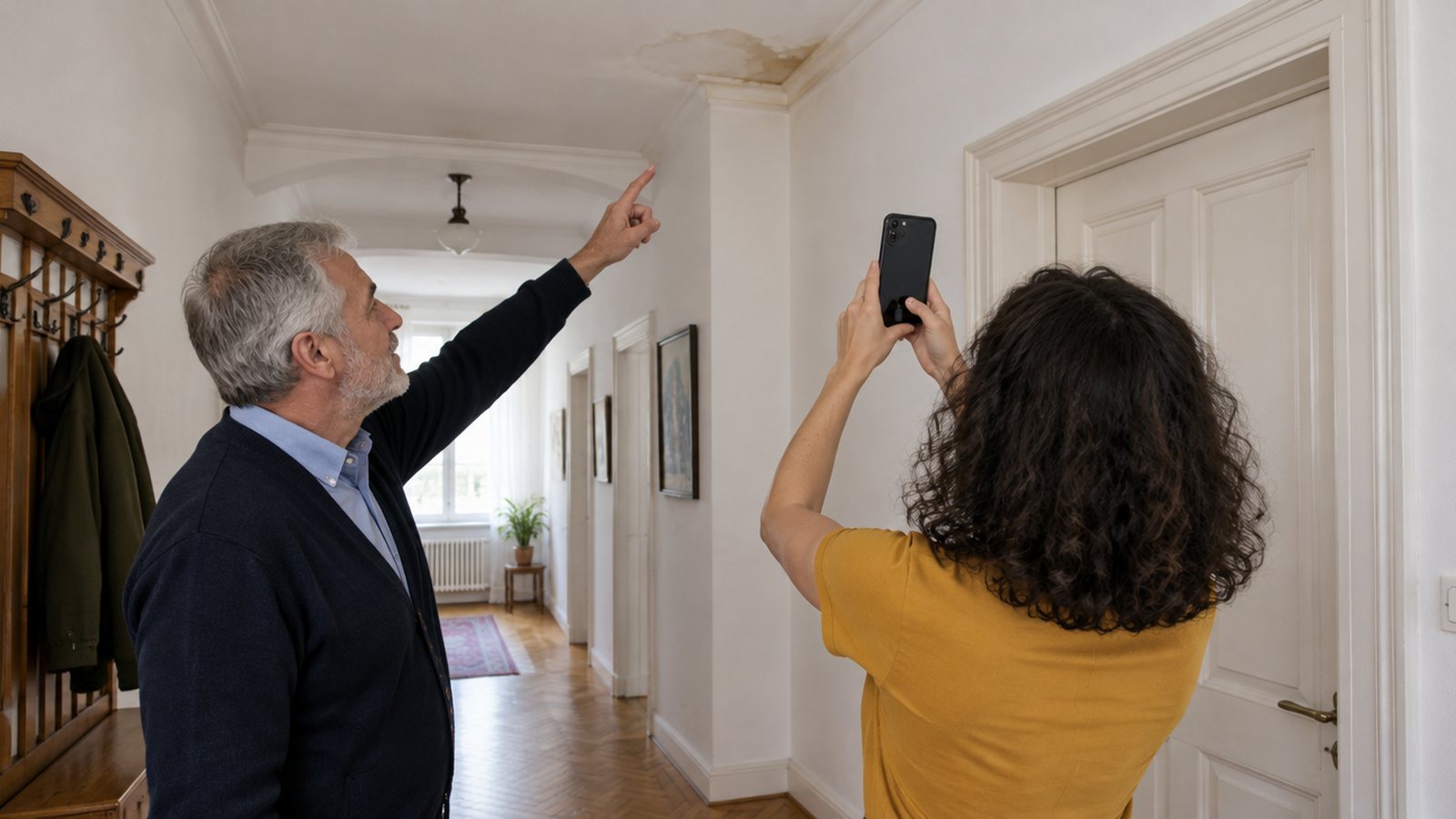 Man pointing at a ceiling stain while a young woman photographs it